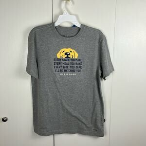 Life Is Good T Shirt Heather Gray Men's Small Dog Watching You Screen Print